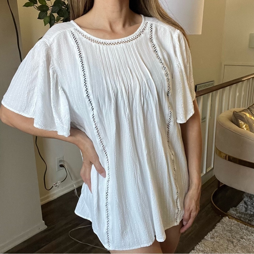 Knox Rose White Front Pleated Round Neck Loose Fit Top Shirt Blouse Size L